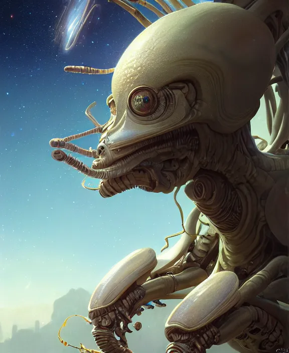 Image similar to portrait of a alien insect monster, adorable, childlike, milky way environment, ultra realistic, concept art, intricate details, cheerful, highly detailed, photorealistic, octane render, 8 k, unreal engine. art by christopher marley and artgerm and greg rutkowski and alphonse mucha