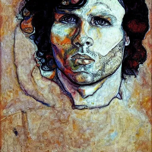 Image similar to portrait of jim morrison by egon schiele in the style of greg rutkowski