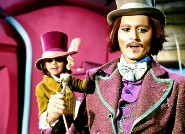 Image similar to film still of Johnny Depp as Willy Wonka in Willy Wonka and the Chocolate Factory 1971