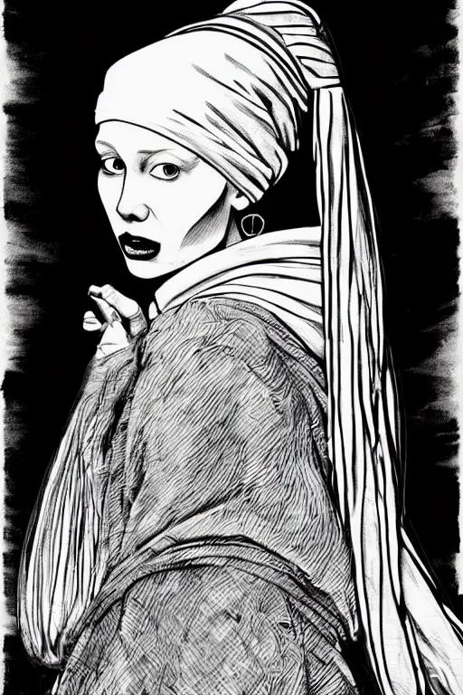 Image similar to beautiful portrait of a woman, negative no not the girl with a pearl earring, highly detailed ink illustration, b & w clean shaped illustration by kim jung gi, ric estrada, ron english and eiichiro oda