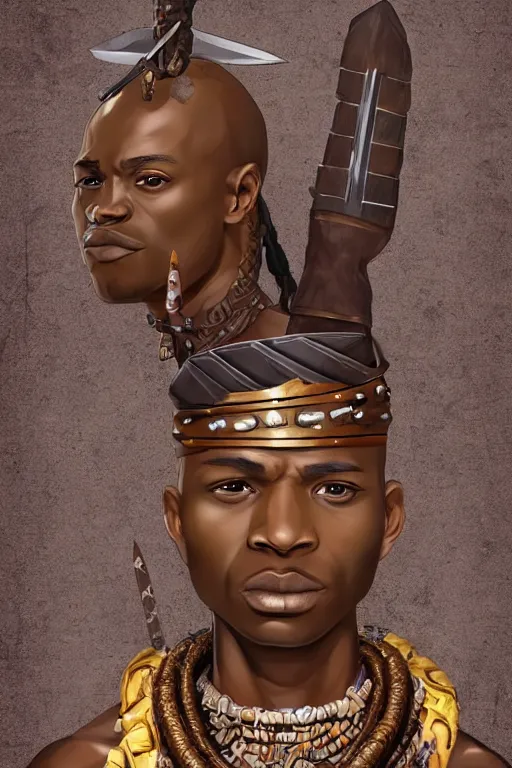 Image similar to Ogun holding his knives poised for battle, an ancient orisha the African Warrior God of Craftsmen and Hunters, bronze-brown skin with masculine features - strong jaw line, bald head and menacing look, tribal markings with golden and jeweled adornments, medium shot digital illustration trending on artstation by artgerm and raphaelite, face by wlop, detailed and concise