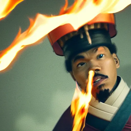 Image similar to cinematic film still of Chance The Rapper starring as a Samurai holding fire, Japanese CGI, VFX, 2022, 40mm lens, shallow depth of field, film photography