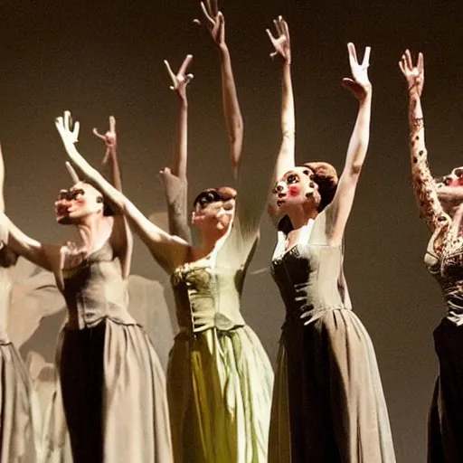 Prompt: award winning Production photo of Alfred Hitchcock's The Birds the musical on broadway, dancing, singing, costumes by Julie Taymor, set design by Julie Taymor