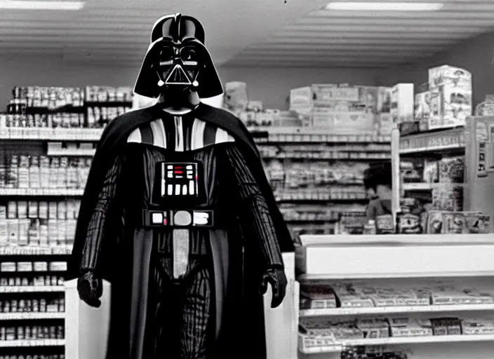 Image similar to film still of Darth Vader working as a clerk in a convenience store in Clerks movie 1994