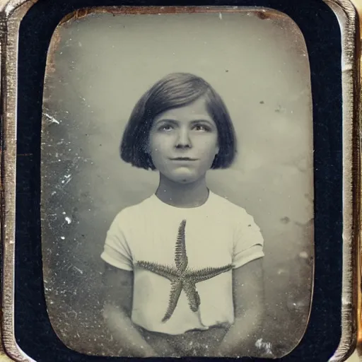 Prompt: tintype photo, girl with star fish, bottom of the ocean