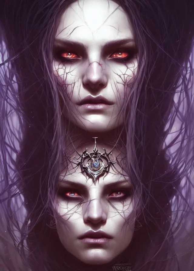 Image similar to Necromancer Sorceress face close-up macro in center, fantasy magic, undercut hairstyle, dark light night, intricate, elegant, sharp focus, illustration, highly detailed, digital painting, concept art, matte, art by WLOP and Artgerm and Greg Rutkowski and Alphonse Mucha, masterpiece