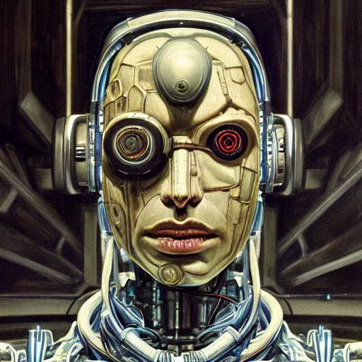 Image similar to portrait of a cyberpunk character, ( ( ( art by lucian freud ) ) ), cybernetic implant, more human than robot, award winning, masterpiece, intricate, dramatic light, detailed face, highly detailed, asymmetrical, dark