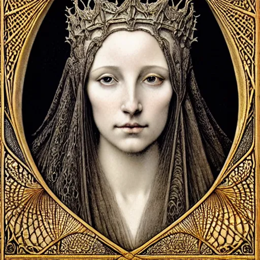 Image similar to detailed realistic beautiful young medieval queen face portrait by jean delville, gustave dore, iris van herpen and marco mazzoni, art forms of nature by ernst haeckel, art nouveau, symbolist, visionary, gothic, neo - gothic, pre - raphaelite, fractal lace, intricate alien botanicals, ai biodiversity, surreality, hyperdetailed ultrasharp octane render