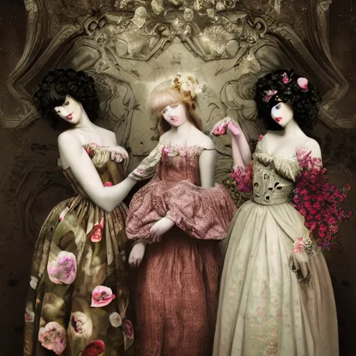 Image similar to 8k, octane render, realism, tonalism, renaissance, rococo, baroque, group of creepy young ladies wearing long harajuku manga dress with flowers and skulls, background chaotic flowers