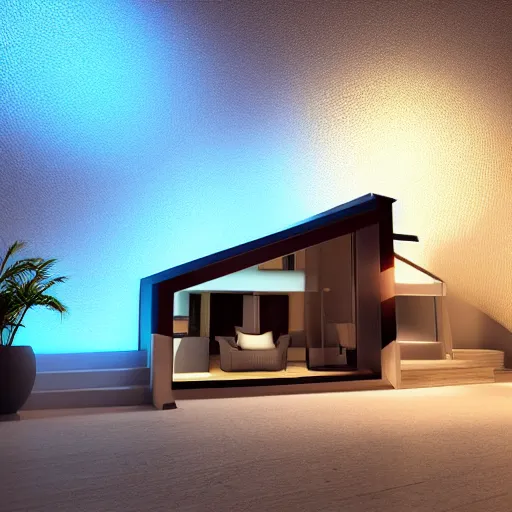 Image similar to crystal ball with mini modern house with led strip lights inside it, octane render hyperdetailed,