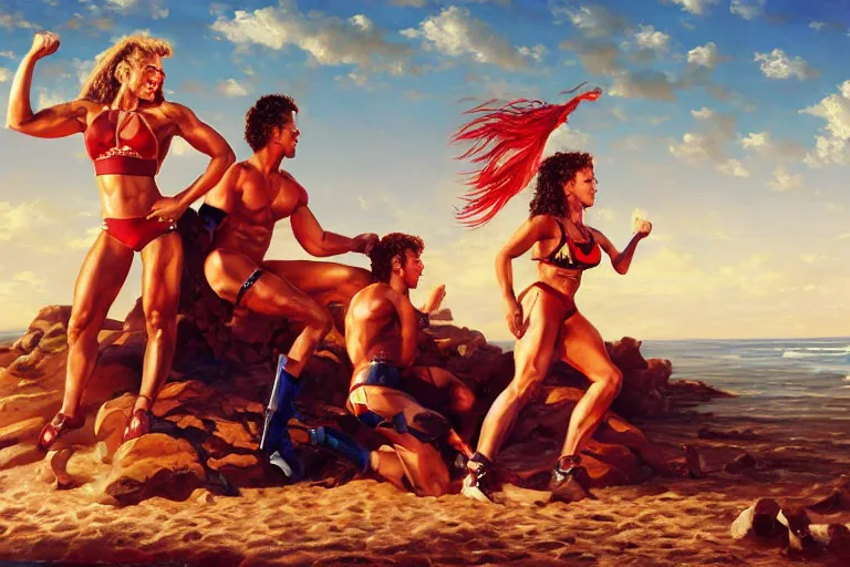 Prompt: portrait of american gladiators malibu and nitro on the beach, an oil painting by ross tran and thomas kincade