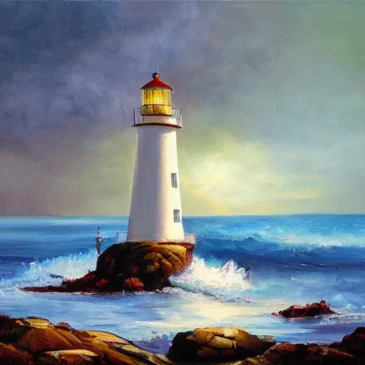 Image similar to an oil painting of a lighthouse overlooking a blood ocean