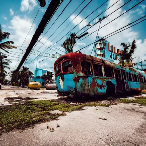 Image similar to low wide angle shot of dilapidated fallout 5 miami, tropical coastal city, desolate, dilapidated neon signs, few rusted retro futuristic vintage parked vehicles like cars, buses, trucks, trams, sunny weather, few clouds, volumetric lighting, photorealistic, daytime, spring, sharp focus, ultra detailed, 4 0 0 0 k