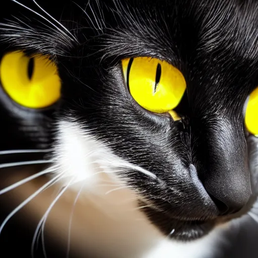 Prompt: black cat with big yellow eyes gazing at the camera with open mouth, 4 k, blurred background, uncanny