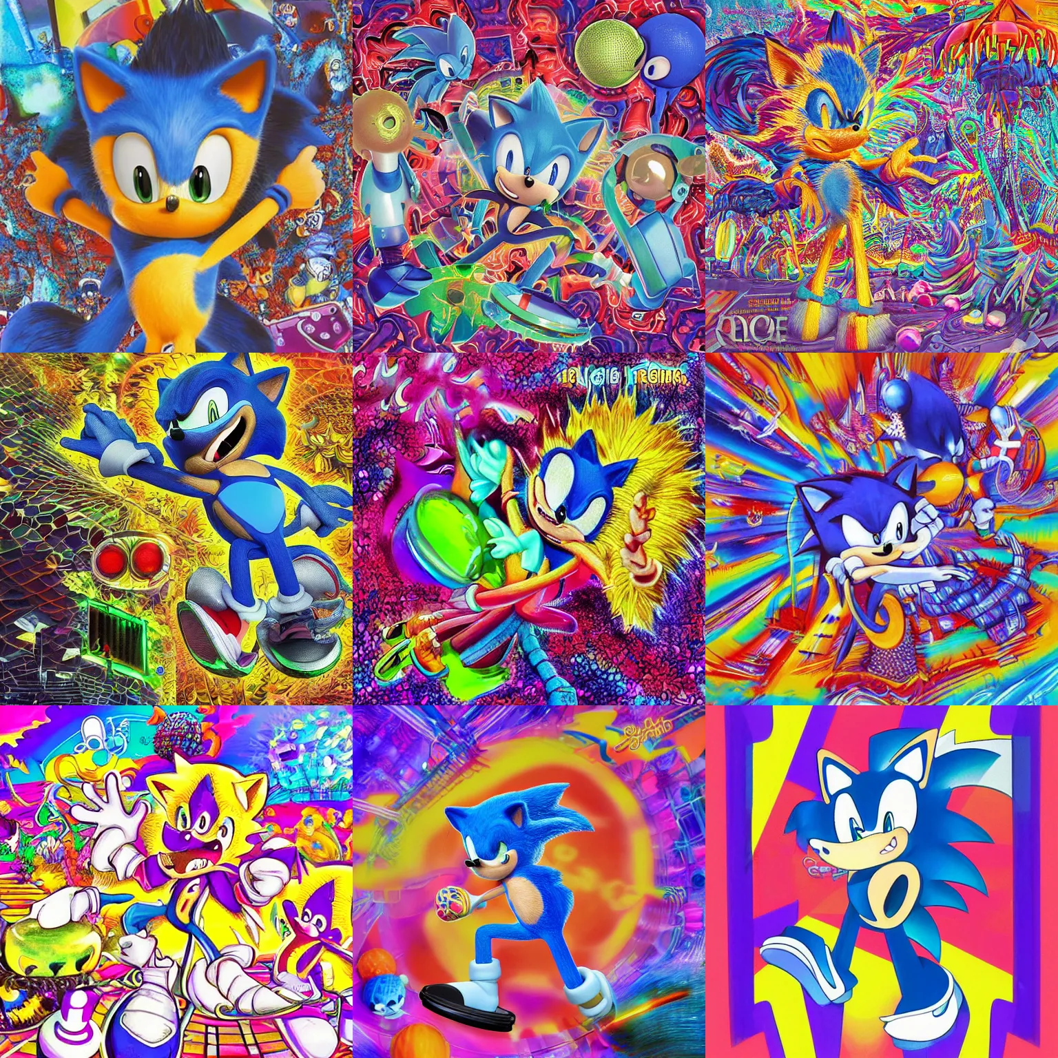 Prompt: surreal, sonic mascot, sharp, deepdream detailed professional, high quality airbrush art MGMT album cover of a liquid dissolving LSD DMT blue sonic the hedgehog falling through cyberspace, tropical ocean, purple checkerboard background, 1980s 1985 arcade video game album cover