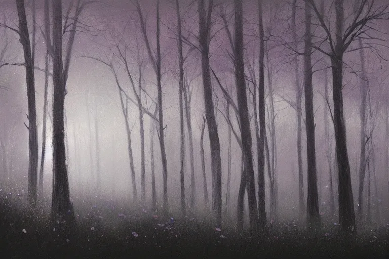 Prompt: dark and spooky painting of a forest dimly lit at night with tiny purple morning glory flowers trailing at the base of trees. foggy cinematic volumetric darkness, muted colour palette, detailed oil painting on canvas kazuo oga, makoto shinkai