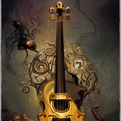 Image similar to illustration of close low angle view of an ornate obsidian gothic violin played by a goddess with gold spidery embellishments, night, smoke, ground fog, by peter mohrbacher, by frank frazetta, by vincent di fate, large depth of field, super detailed, digital art, trending on artstation, ornate