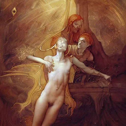 Image similar to disasterpiece truth disciples holy estrangement, by Edgar Maxence and Ross Tran and Michael Whelan and Da Vinci and Caravaggio and J.M.W Turner, metal watercolor intricate line drawings, sacred chords, mixed techniques 4k resolution