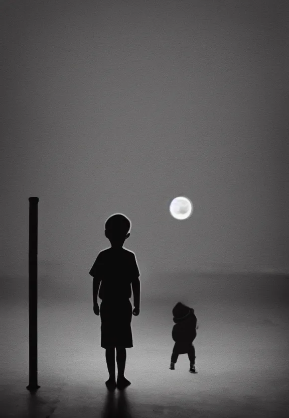 Image similar to little boy holding an umbrella in front of a bar at night, full moon, minimalist, black and white artwork