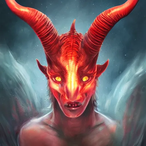 Image similar to realistic alien with horns. red eyes, human eyes, background flames, by ross tran