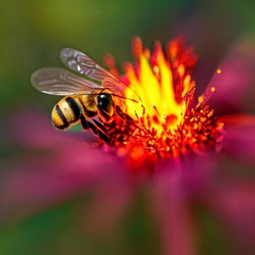 Prompt: a bee landing on a flower in a forest on fire, there is fire everywhere, macro photography, ambient light