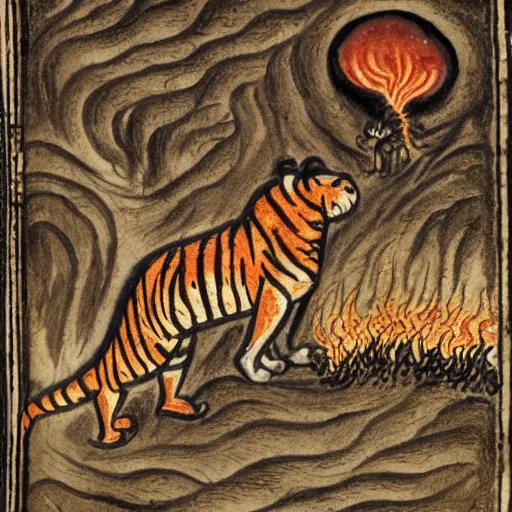 Image similar to bad drawn tiger made of smoke, lava and fire flying in the sky with many legs in a medieval manuscript, medieval manuscript, golden miniatures