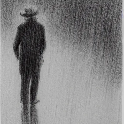 Image similar to a drawn man standing in the rain. pencil sketch.