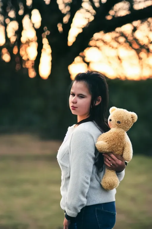 Prompt: canon, 30mm, bokeh, girl holding a teddy bear, snuggly, black hair, sunset, contrejour