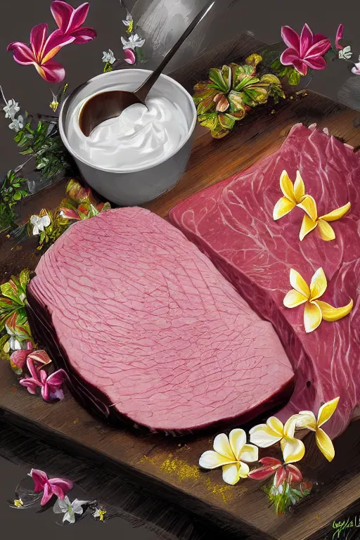 Image similar to ultra realistic illustration, portrait of sliced roast beef covered in white yogurt, plumeria tropical bouquet background, close up shot, fantasy, intricate, elegant, highly detailed, digital painting, artstation, concept art, smooth, sharp focus, illustration, surrealism