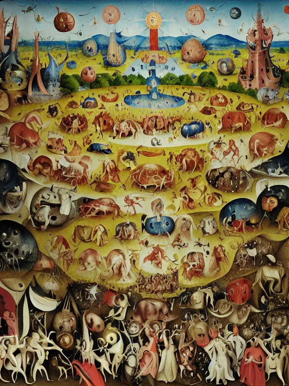 Prompt: A detailed painting of the garden of earthly delights by hieronymus bosch,ethereal,eldritch,maximalism,glittering,by farel dalrymple and Masamune Shirow,Trending on artstation