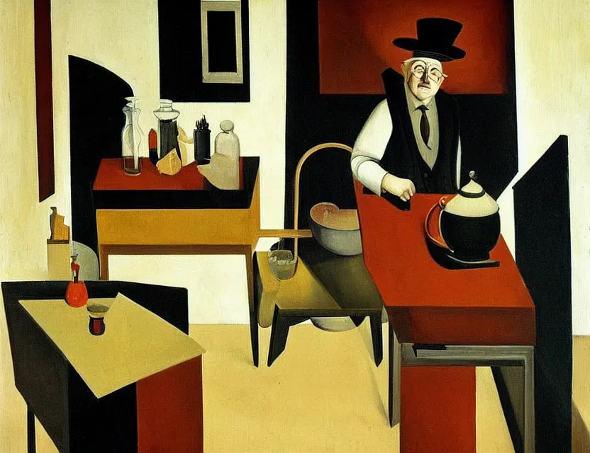 Prompt: a painting of a old and strange dusty professor in black suite and hat making a study of drinking 1 0 cups of black coffee in 5 seconds in a kitchen that is melting, styled and painted by giorgio de chirico