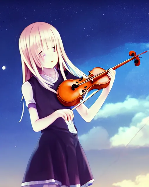 Image similar to teen, cute, melancholy, full body, cat girl, white skin, golden long wavy hair, holding a violin and playing a song, stunning art style, filters applied, lunar time, night sky, trending art, sharp focus, centered, landscape shot, fate zero, simple background, studio ghibly makoto shinkai yuji yamaguchi, by wlop