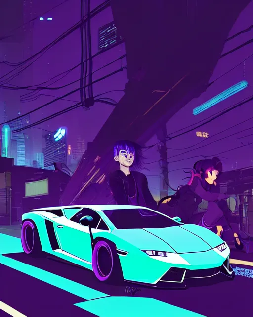 Image similar to digital illustration of cyberpunk pretty girl with blue hair, looking at a purple lamborghini, in junkyard at night, by makoto shinkai, ilya kuvshinov, lois van baarle, rossdraws, basquiat