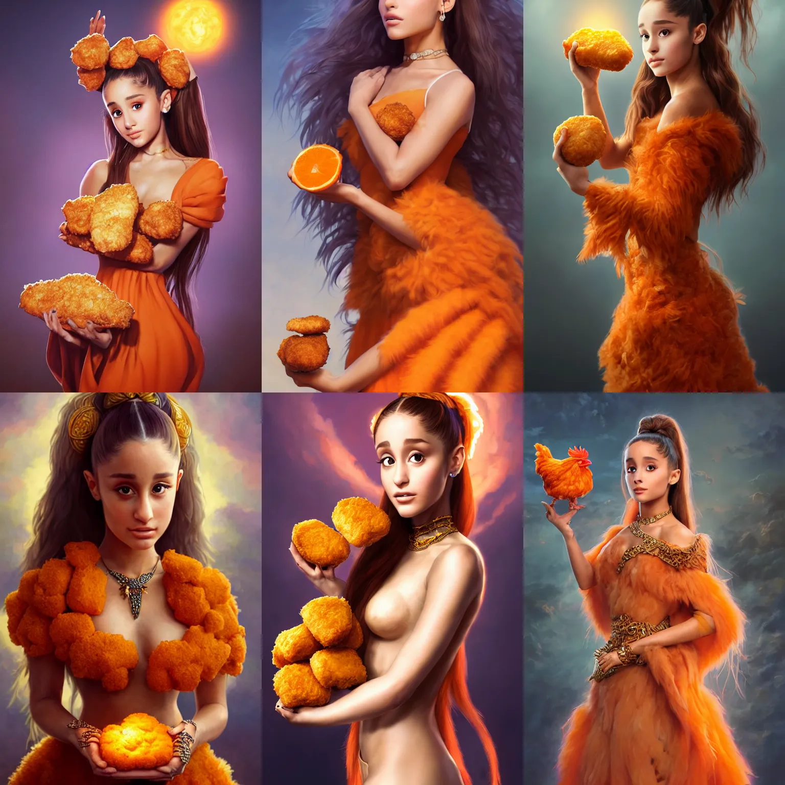 Prompt: ultrarealistic fantasy portrait goddess ariana grande holding a chicken nugget, orange dress made out of ( chicken nuggets ) ( chicken nugget ) mantle gothic ( chicken nugget ) cloak with intricate details, fantasy character octane render, cinematic lighting, volumetric lighting, artstation, dnd art, cgsociety, sharp focus, digital painting by artgerm, gerald brom, wlop