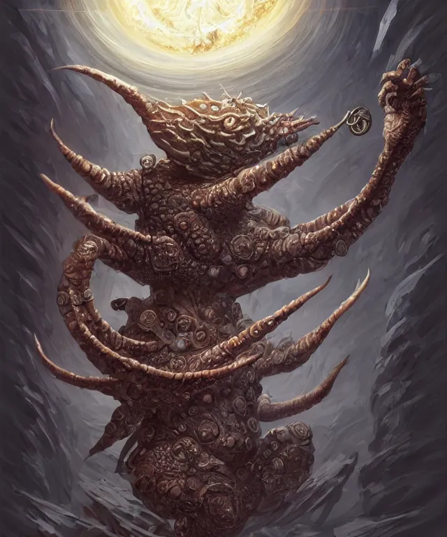 Prompt: hziulquoigmnzhah, the god of cykranosh, a spheroid body, elongated arms, short legs, head dangling underneath, fantasy, intricate, elegant, highly detailed, digital painting, artstation, concept art, matte, sharp focus, illustration, art by keith thompson and christopher lane