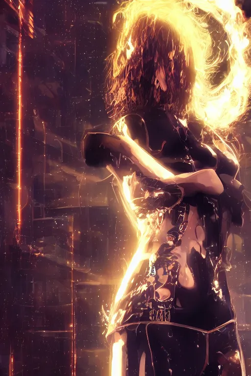 Image similar to A curly-haired girl in brown hair rushes into a black leather suit against the background of golden sparks, Anime, cyberpunk, gothic, dark fantasy, art, 4k,