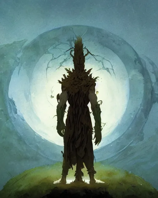 Image similar to a druid standing in a circle at the beginning of the world by greg rutkowski and frank frazetta and peter mohrbacher and william blake and dan mumford