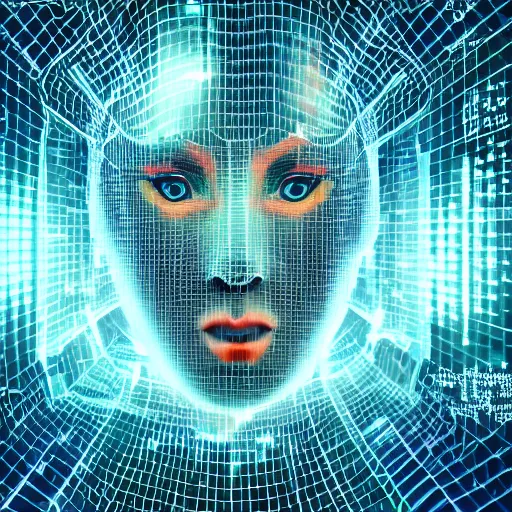 Image similar to an insanely detailed cibernetic artwork of a futuristic artificial intelligence superstar, centered image, perfectly symmetrical face, with frames made of detailed fractals, octsne render, 4k, insanely detailed, detailed grid as background, cgi