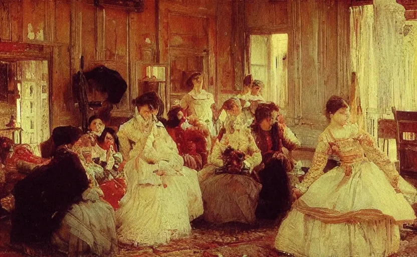 Prompt: high quality high detail painting by ilya repin, brides in a blood flooded house, hd