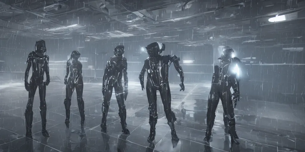 Image similar to sci - fi squad in wet cloaks, infiltrating on the ceiling at midnight storm, lightning, unreal engine 5