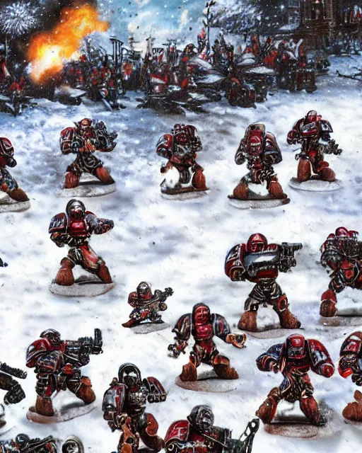 Prompt: postcard showing 'realistic warhammer space marines frollicking in the snow at christmas' laying on coffee table, zoomed out, HD, iphone capture
