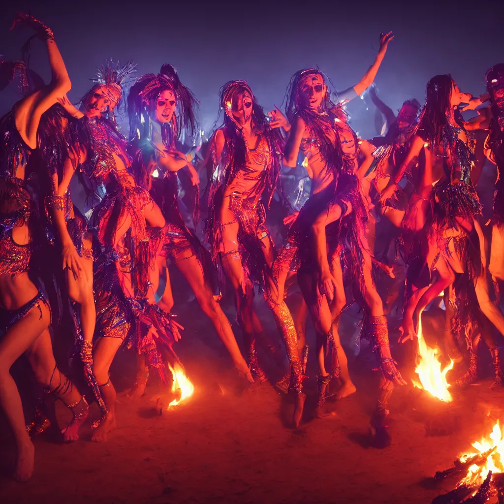 Image similar to portrait of ravers in friendly costumes with detailed faces, dancing around a fire, photorealistic, octane render, dancefloor kismet, diverse costumes, clean composition, desert transition area, bonfire, night, australian desert, zaha hadid, xf iq 4, symmetry, sony a 7 r, 1 5 0 mp, 5 0 mm