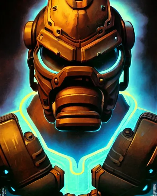 Image similar to doomfist from overwatch, character portrait, portrait, close up, concept art, intricate details, highly detailed, vintage sci - fi poster, retro future, vintage sci - fi art, in the style of chris foss, rodger dean, moebius, michael whelan, and gustave dore