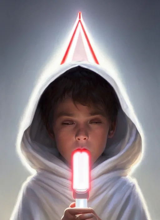 Image similar to perfectly - centered - portrait of a kid wearing white cloak holding light saber, intricate, highly detailed, digital painting, artstation, concept art, smooth, sharp focus, illustration, unreal engine 5, 8 k, art by artgerm and greg rutkowski and alphonse mucha