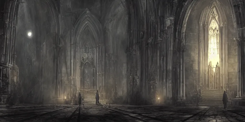 Prompt: inside cathedral from demons souls, gothic art, concept art, digital painting, trending on art station, night time render, moon light, god rays, highly detailed