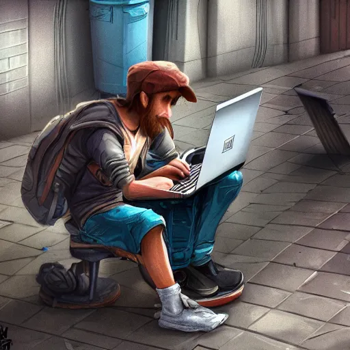 Image similar to a bum using laptop near trashcans, concept art, trending on artstation, highly detailed, intricate, sharp focus, digital art, 8 k