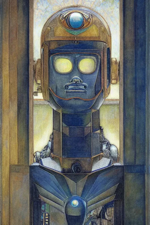 Prompt: the robot wearing his electric crown stands by the window at midnight , by Annie Swynnerton and Diego Rivera and Elihu Vedder, symbolist, dramatic lighting, elaborate geometric ornament, Art Brut, soft blues and greens,smooth, sharp focus, extremely detailed, Adolf Wölfli and Evelyn De Morgan