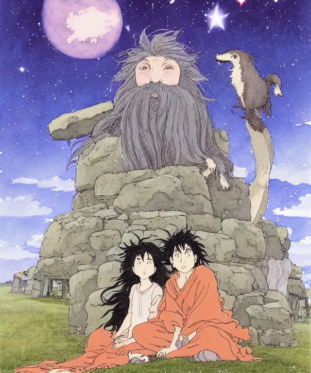 Image similar to a hyperrealist studio ghibli watercolor fantasy concept art. in the foreground is a giant long haired grey sasuatch sitting in lotus position on top of stonehenge with shooting stars all over the sky in the background. by rebecca guay, michael kaluta, charles vess