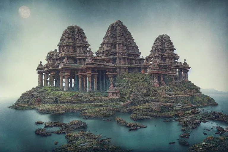 Image similar to photography of a beautiful archipelago of never seen before stunning ancient indian temple. intricate pilars patern, runes. water and flowers. inspiring science fiction, intricate, elegant, uplifting, inspirational, highly detailed by beksinski and simon stalenhag