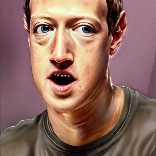 Image similar to mark zuckerberg clawing away his own skin to reveal the monster underneath, an angry artstation painting